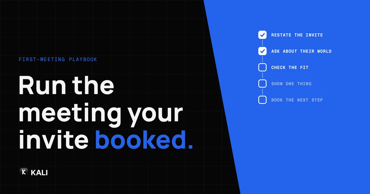 A five-step meeting agenda checklist on a blue diagonal panel, the first two steps ticked, beside the headline "Run the meeting your invite booked."