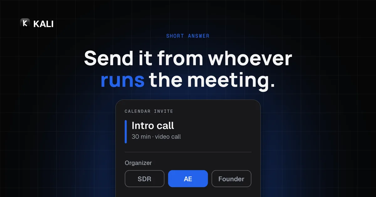 Mock calendar invite card with the organizer field set to AE rather than SDR or Founder, noting the organizer should run the meeting